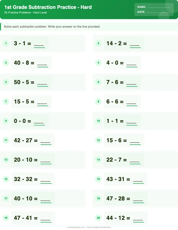 1st Grade Subtraction Worksheets - Dinosaur Theme (Hard)