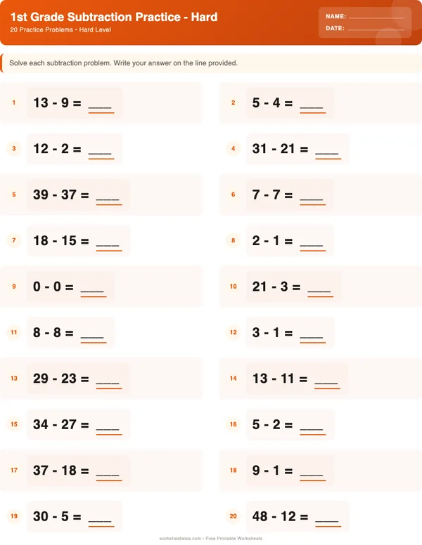 1st Grade Subtraction Worksheets - Halloween Theme (Hard)