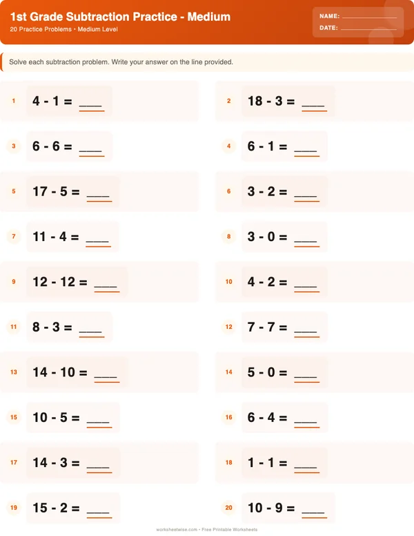 1st Grade Subtraction Worksheets - Halloween Theme (Medium)