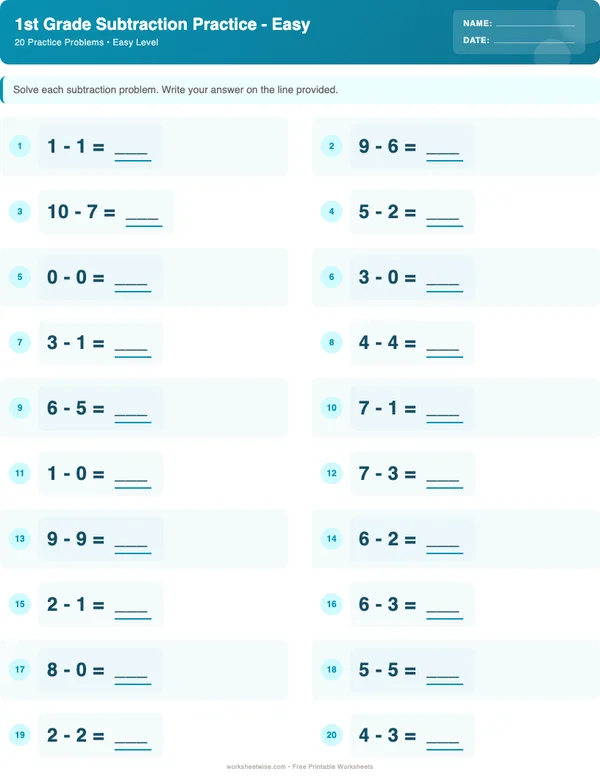 1st Grade Subtraction Worksheets - Ocean Theme (Easy)