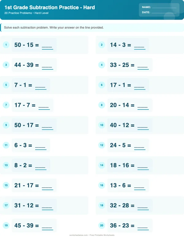 1st Grade Subtraction Worksheets - Ocean Theme (Hard)
