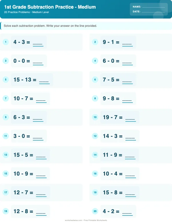 1st Grade Subtraction Worksheets - Ocean Theme (Medium)