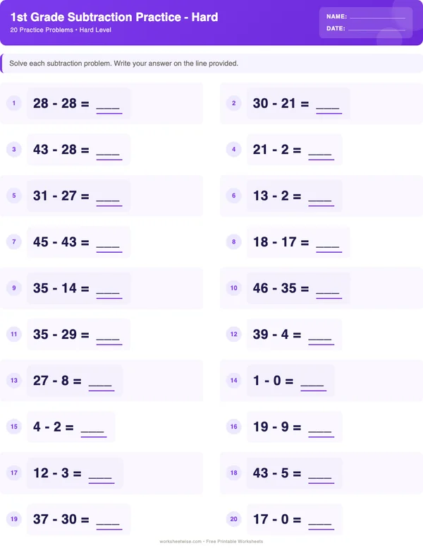 1st Grade Subtraction Worksheets - Space Theme (Hard)