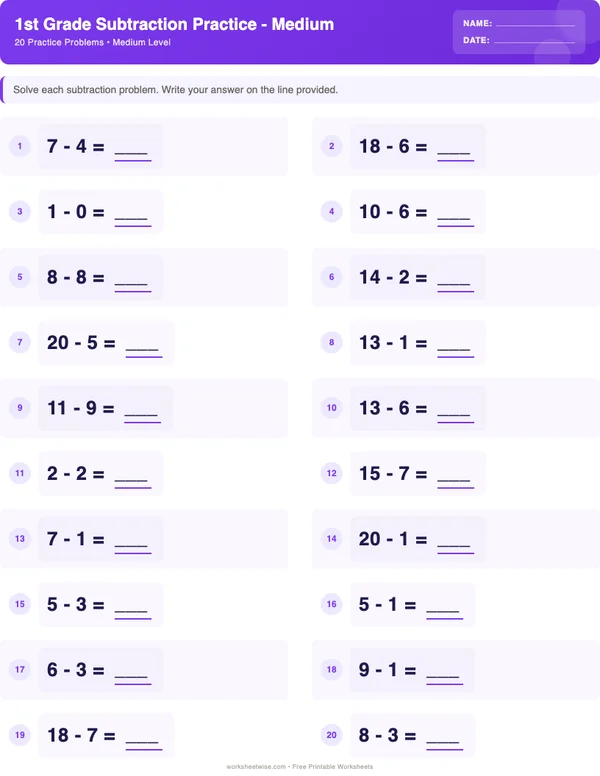 1st Grade Subtraction Worksheets - Space Theme (Medium)