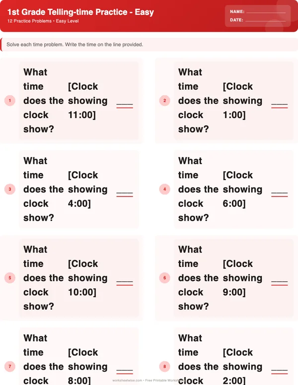 1st Grade Telling Time Worksheets - Christmas Theme (Easy)