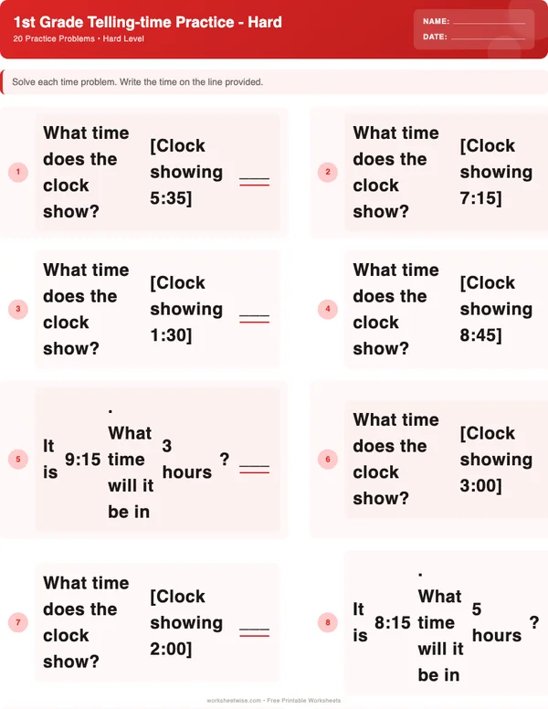1st Grade Telling Time Worksheets - Christmas Theme (Hard)