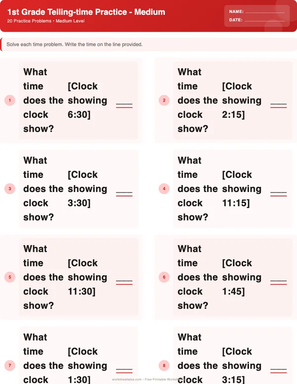 1st Grade Telling Time Worksheets - Christmas Theme (Medium)