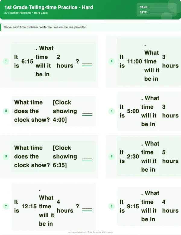 1st Grade Telling Time Worksheets - Dinosaur Theme (Hard)