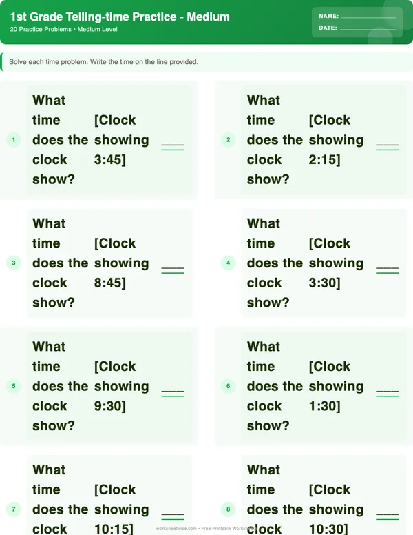 1st Grade Telling Time Worksheets - Dinosaur Theme (Medium)