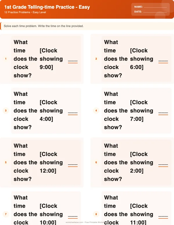 1st Grade Telling Time Worksheets - Halloween Theme (Easy)