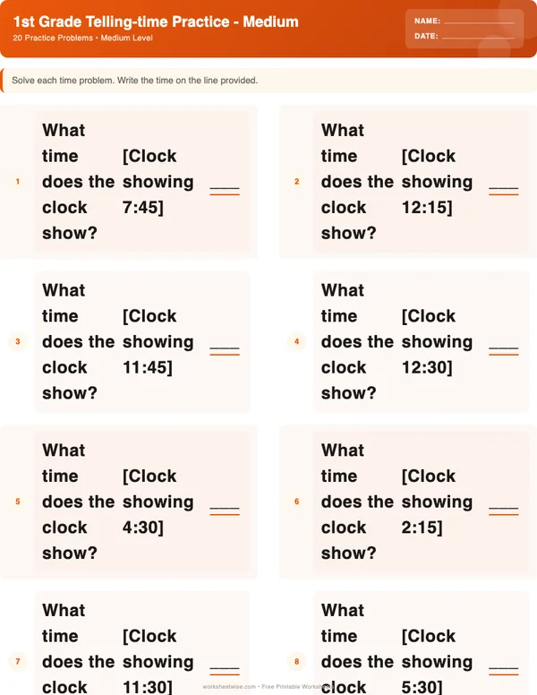 1st Grade Telling Time Worksheets - Halloween Theme (Medium)