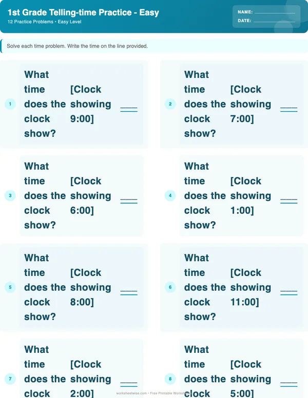 1st Grade Telling Time Worksheets - Ocean Theme (Easy)