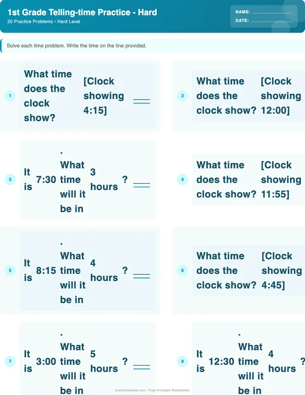 1st Grade Telling Time Worksheets - Ocean Theme (Hard)