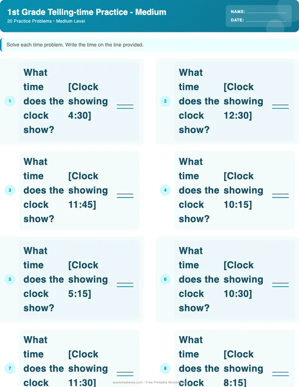 1st Grade Telling Time Worksheets - Ocean Theme (Medium)