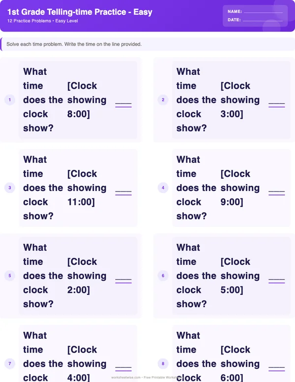 1st Grade Telling Time Worksheets - Space Theme (Easy)