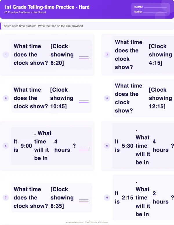 1st Grade Telling Time Worksheets - Space Theme (Hard)