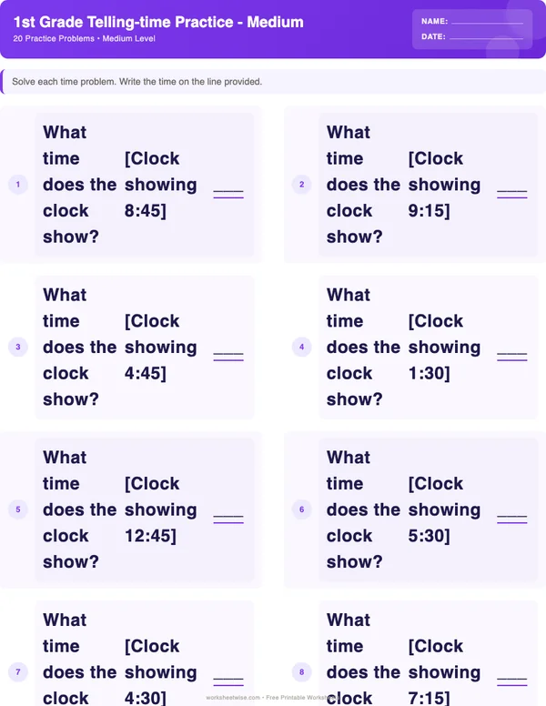 1st Grade Telling Time Worksheets - Space Theme (Medium)