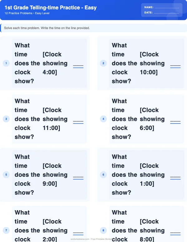 1st Grade Telling Time Worksheets - Standard Theme (Easy)