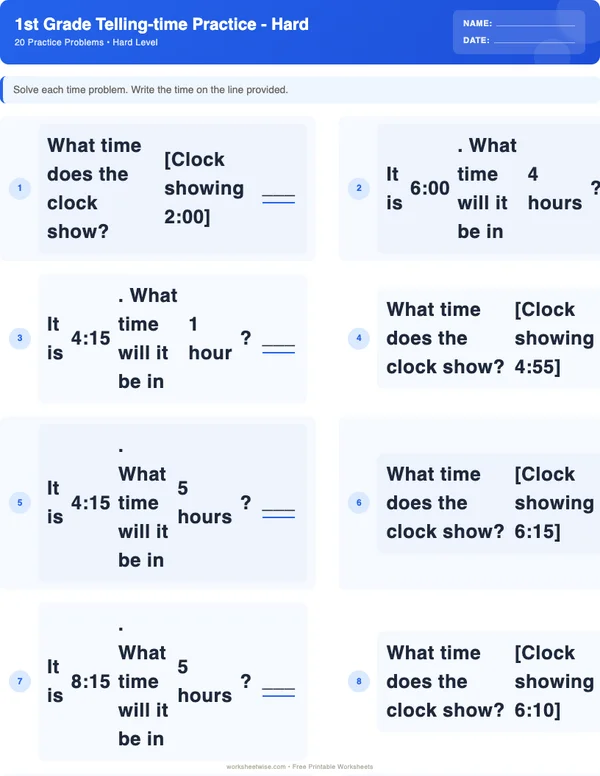1st Grade Telling Time Worksheets - Standard Theme (Hard)