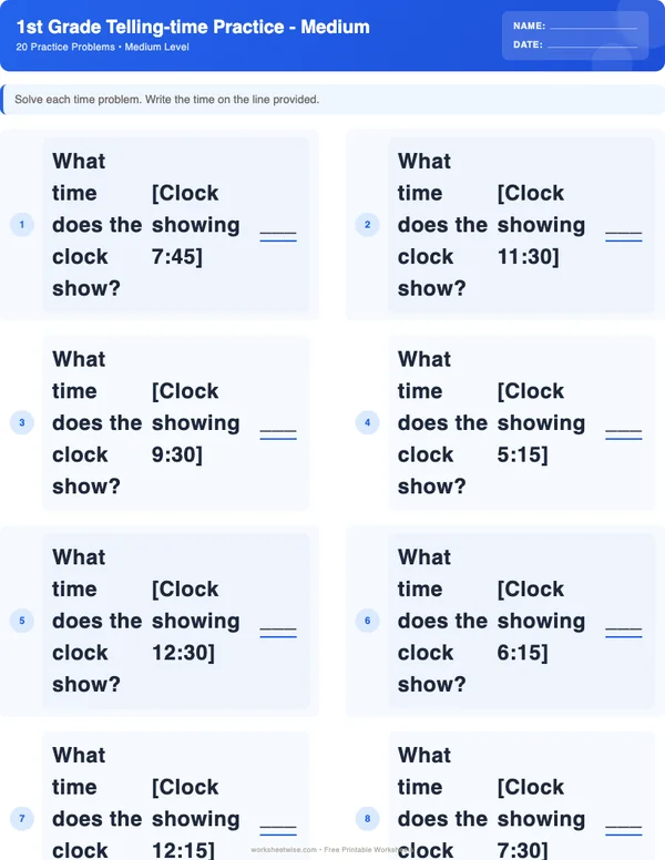 1st Grade Telling Time Worksheets - Standard Theme (Medium)