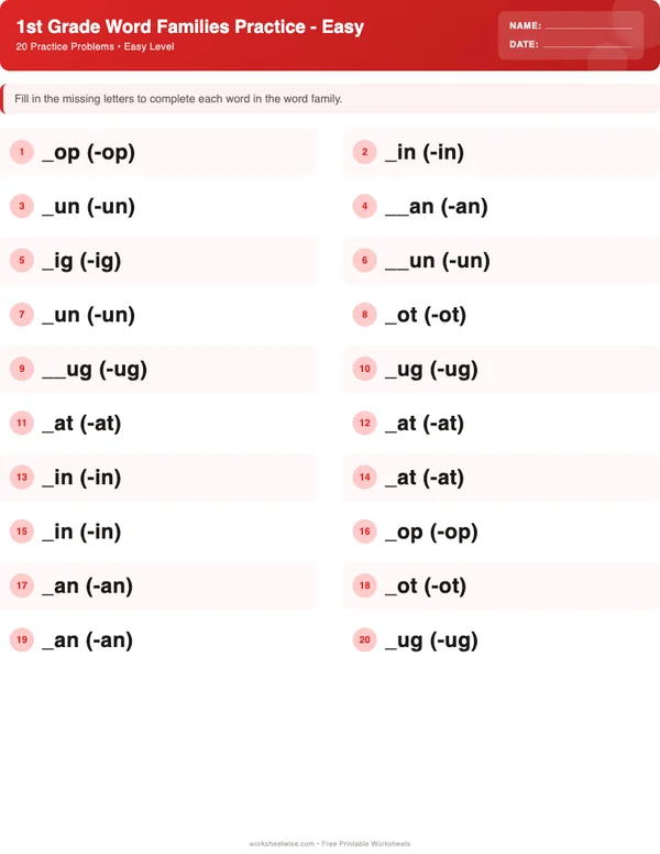 1st Grade Word Families Worksheets - Christmas Theme (Easy)