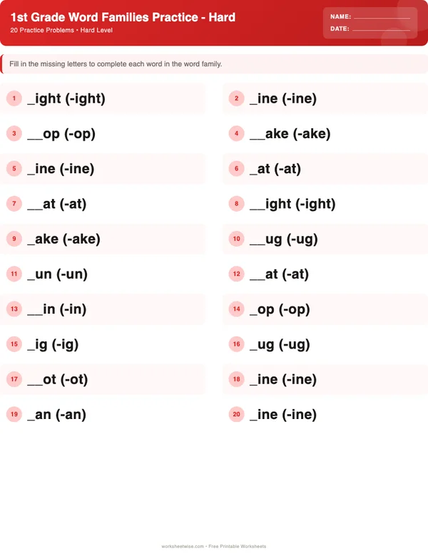 1st Grade Word Families Worksheets - Christmas Theme (Hard)