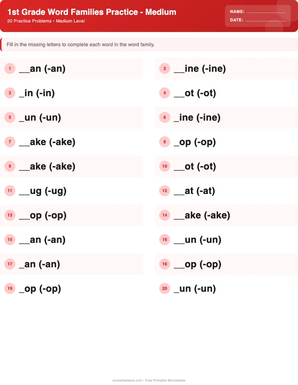 1st Grade Word Families Worksheets - Christmas Theme (Medium)