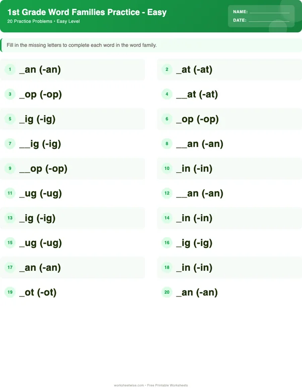 1st Grade Word Families Worksheets - Dinosaur Theme (Easy)