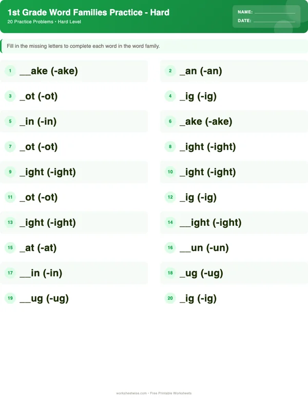 1st Grade Word Families Worksheets - Dinosaur Theme (Hard)