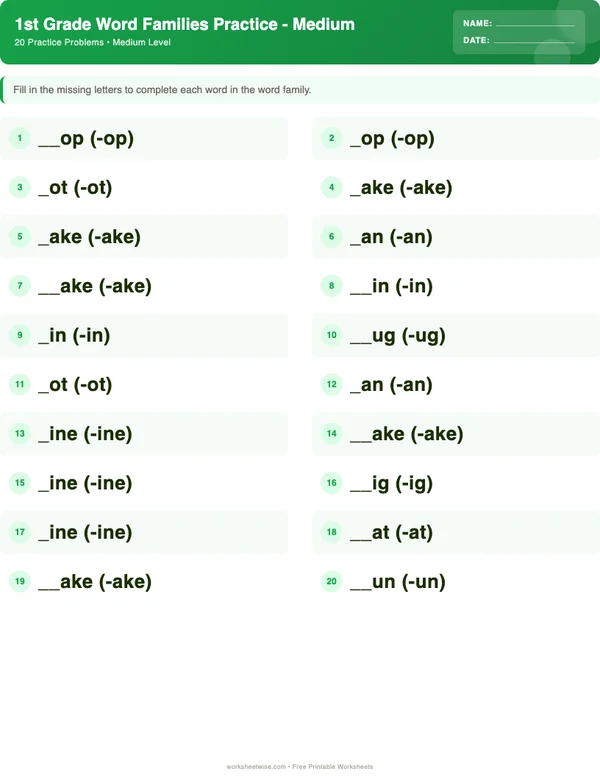 1st Grade Word Families Worksheets - Dinosaur Theme (Medium)