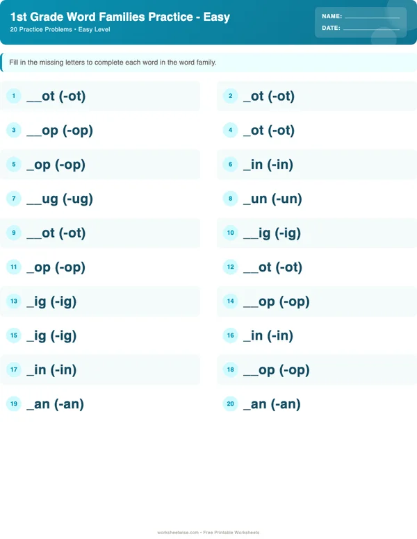 1st Grade Word Families Worksheets - Ocean Theme (Easy)