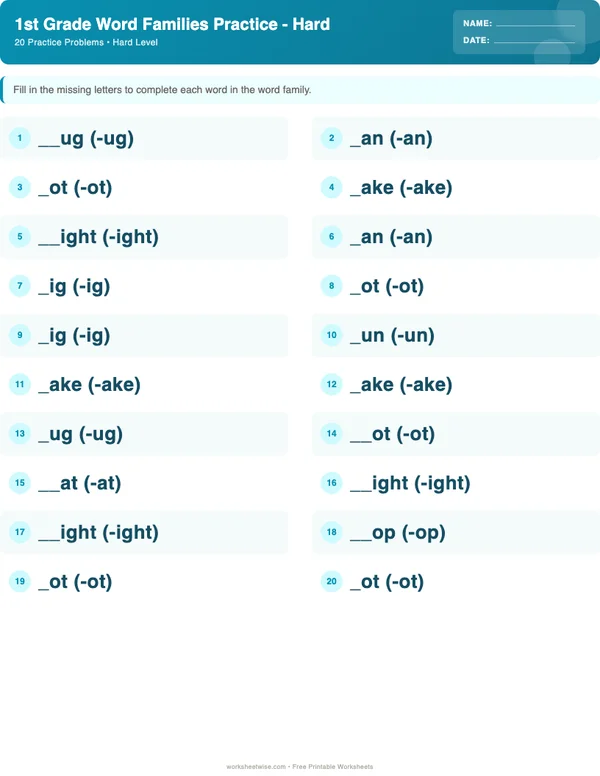 1st Grade Word Families Worksheets - Ocean Theme (Hard)