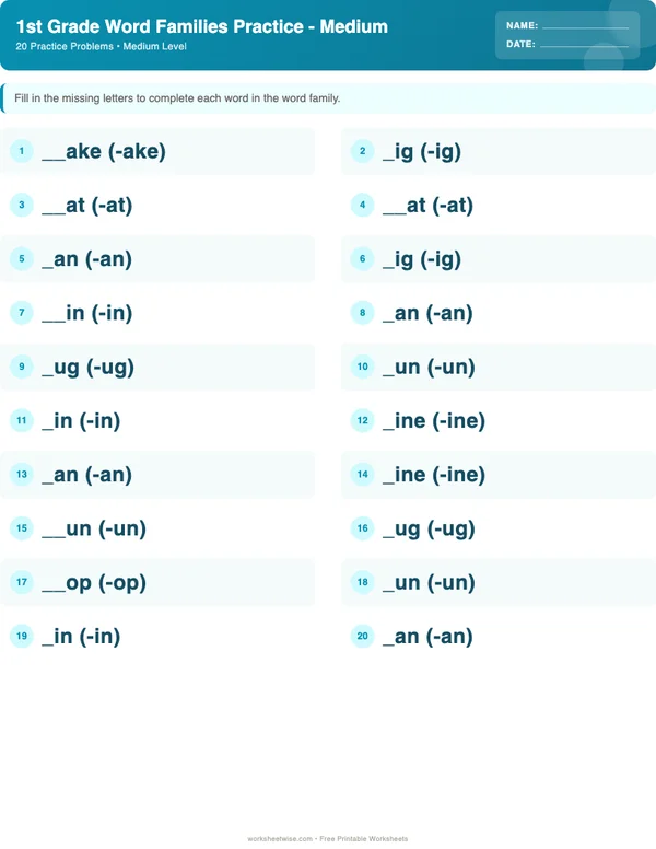 1st Grade Word Families Worksheets - Ocean Theme (Medium)