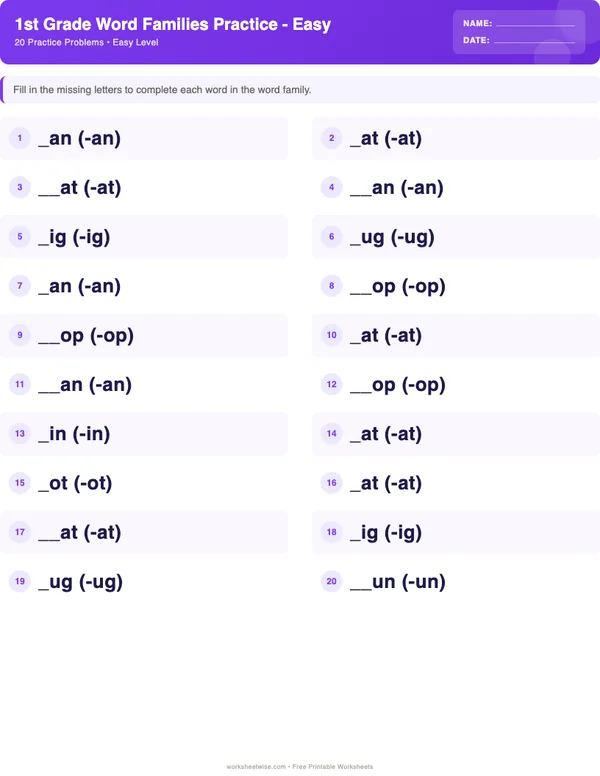 1st Grade Word Families Worksheets - Space Theme (Easy)