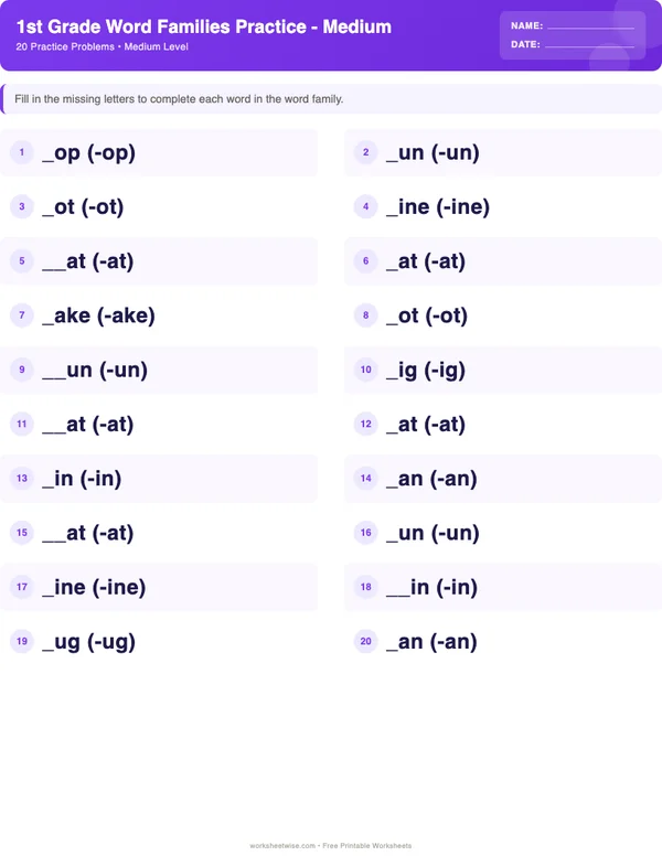 1st Grade Word Families Worksheets - Space Theme (Medium)