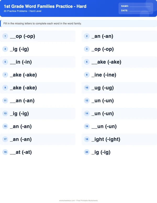 1st Grade Word Families Worksheets - Standard Theme (Hard)