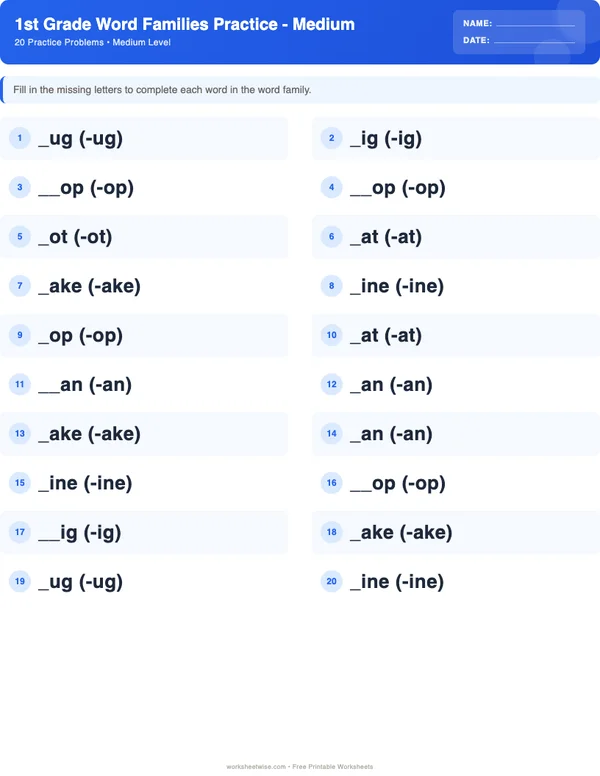 1st Grade Word Families Worksheets - Standard Theme (Medium)