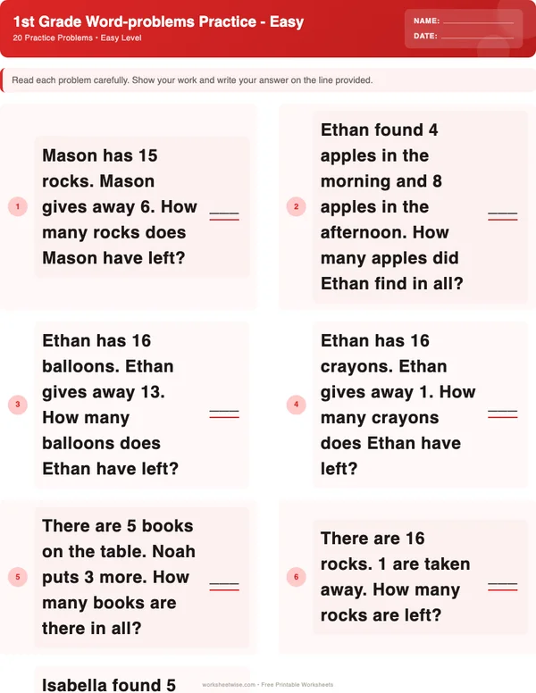 1st Grade Word Problems Worksheets - Christmas Theme (Easy)