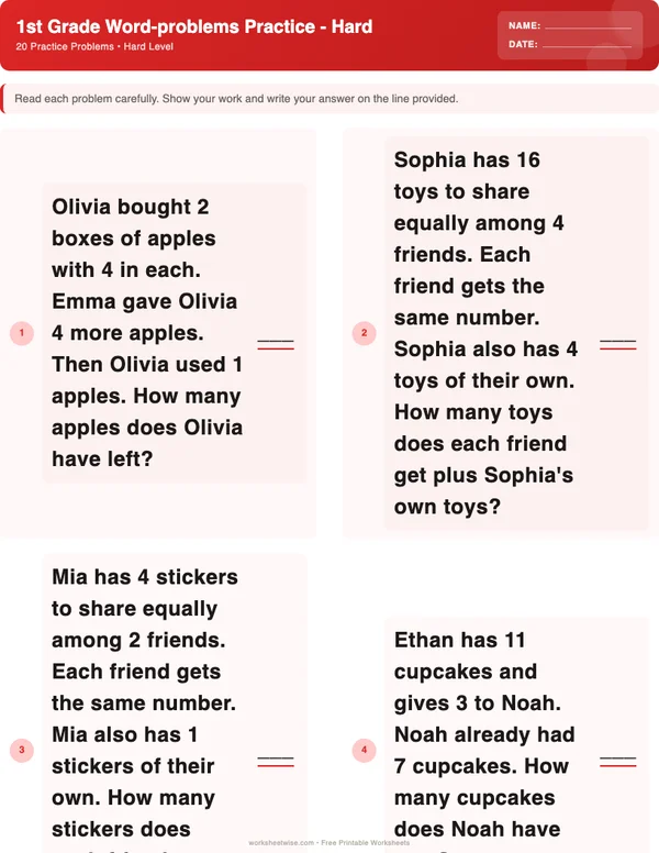 1st Grade Word Problems Worksheets - Christmas Theme (Hard)