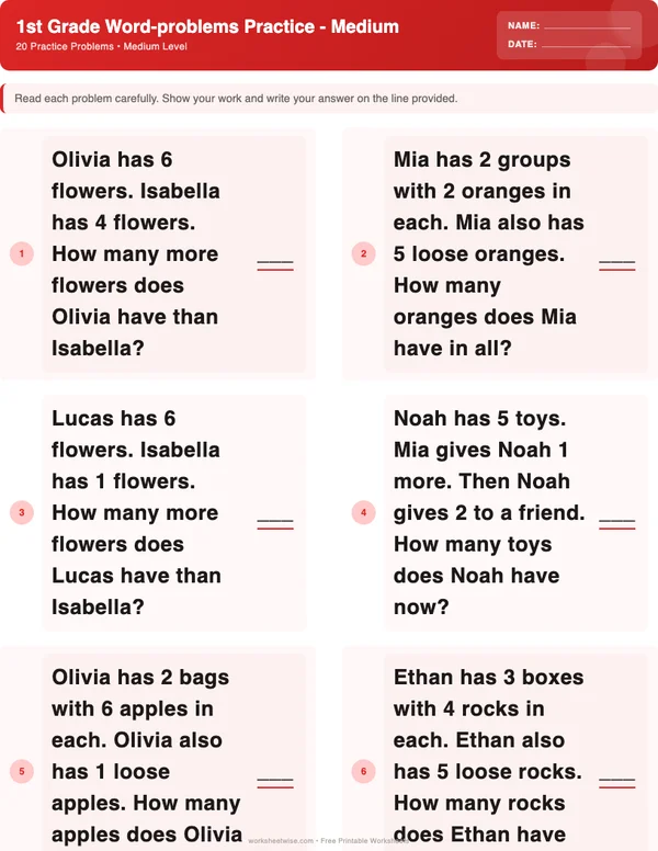 1st Grade Word Problems Worksheets - Christmas Theme (Medium)