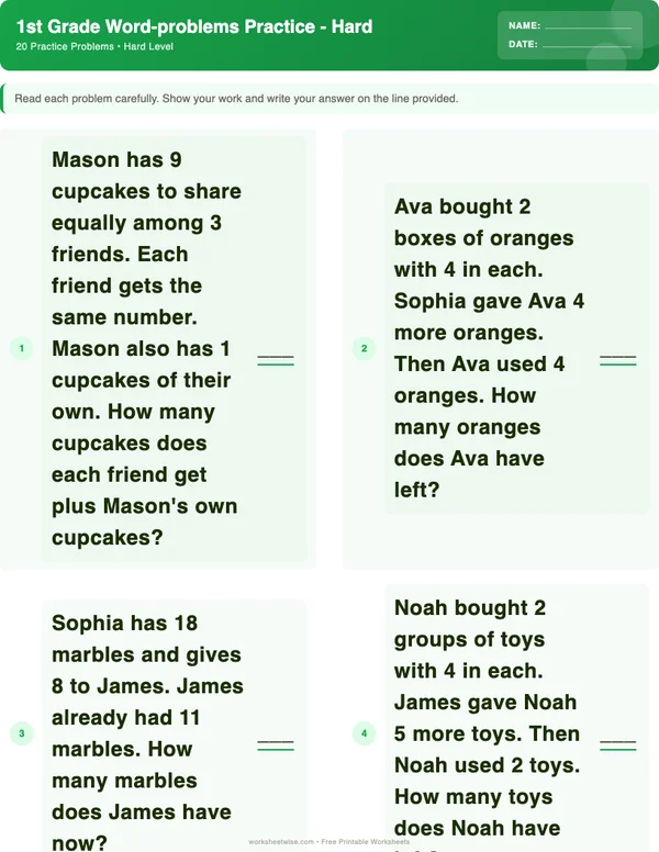 1st Grade Word Problems Worksheets - Dinosaur Theme (Hard)