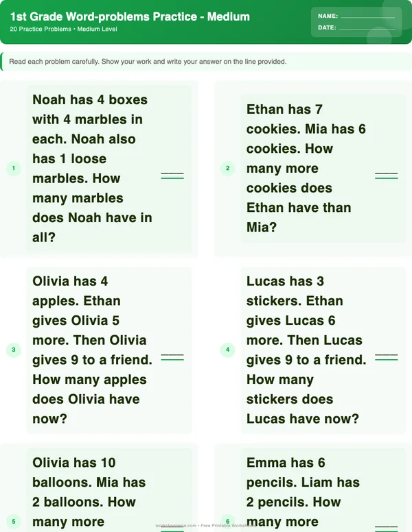 1st Grade Word Problems Worksheets - Dinosaur Theme (Medium)