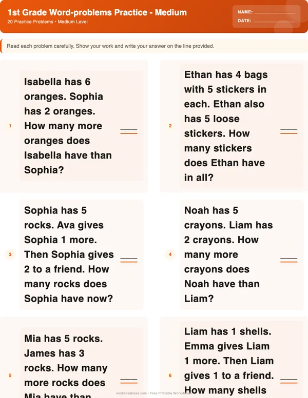 1st Grade Word Problems Worksheets - Halloween Theme (Medium)