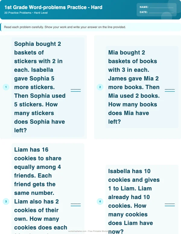 1st Grade Word Problems Worksheets - Ocean Theme (Hard)