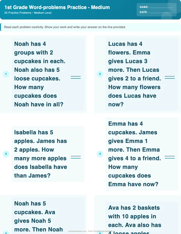 1st Grade Word Problems Worksheets - Ocean Theme (Medium)