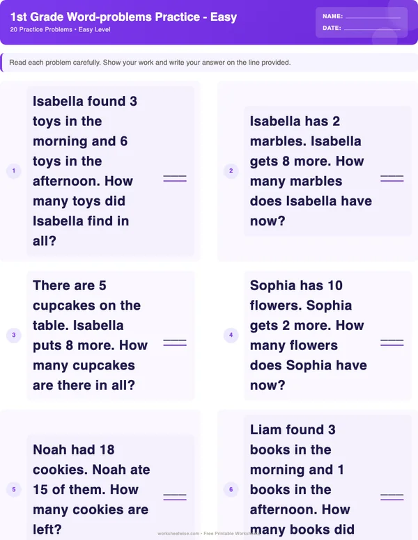 1st Grade Word Problems Worksheets - Space Theme (Easy)