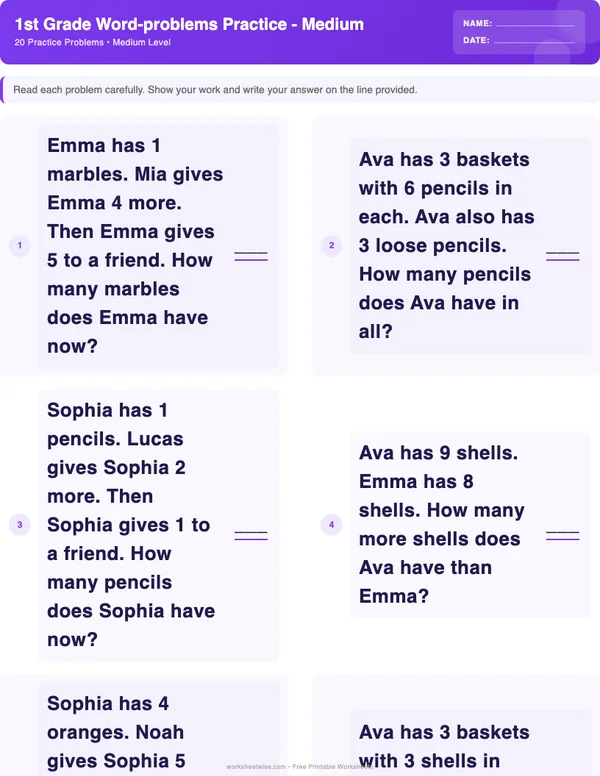 1st Grade Word Problems Worksheets - Space Theme (Medium)