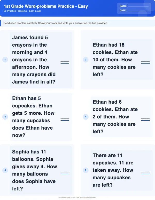 1st Grade Word Problems Worksheets - Standard Theme (Easy)