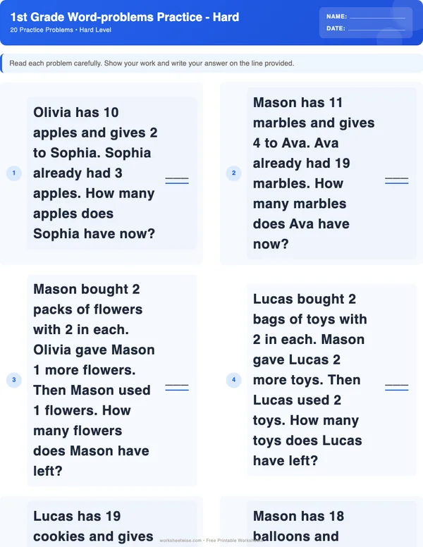 1st Grade Word Problems Worksheets - Standard Theme (Hard)