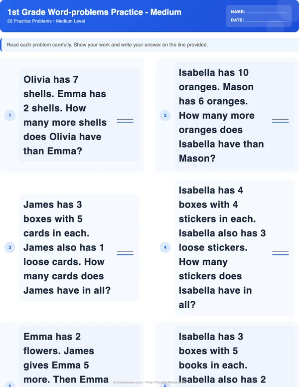 1st Grade Word Problems Worksheets - Standard Theme (Medium)